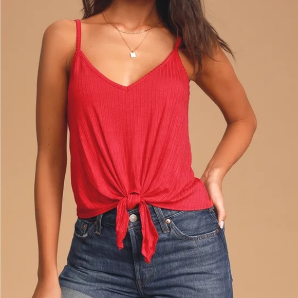 LULUS Feeling Myself Red Tie-Front Cropped Tank Top - Picture 1 of 6